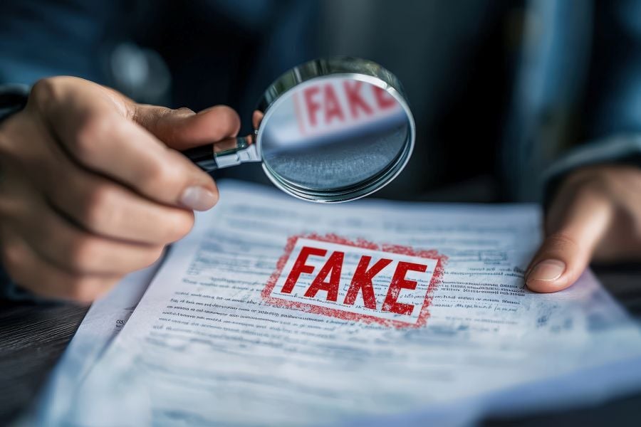 Image of a title document being reviewed with a spyglass and the word Fake stamped in red on the document